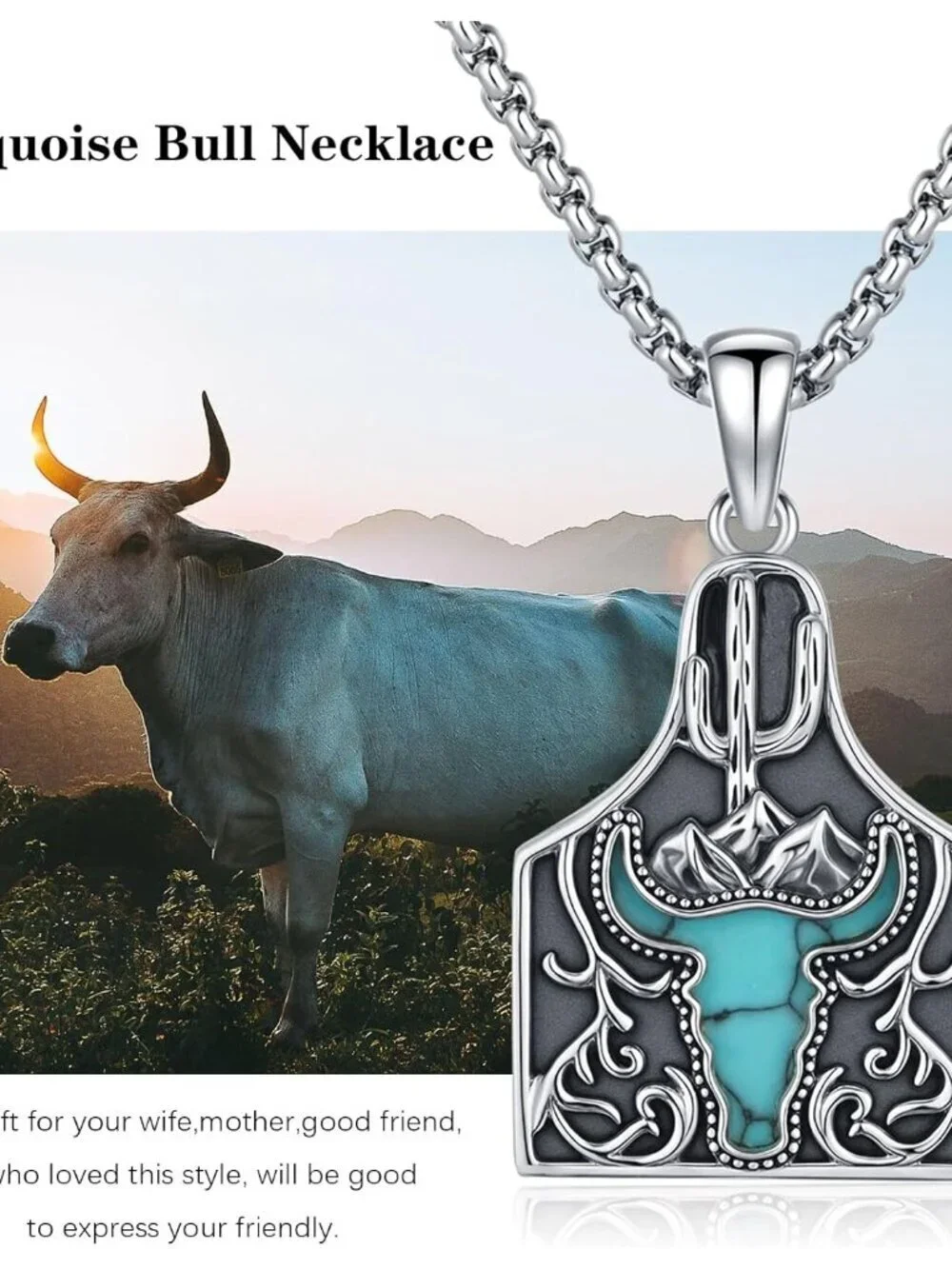 Women's Cow Tag Sterling Turquoise Pendant Highland Cow Skull Western Necklace